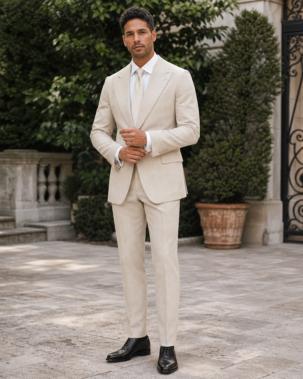 Beige Seersucker Outdoor Wedding Suit — Custom Made to Measure front view