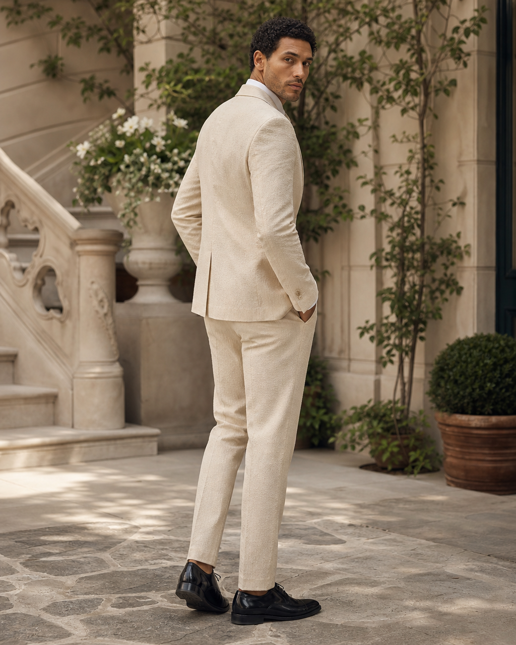 Beige Seersucker Outdoor Wedding Suit — Custom Made to Measure side back view