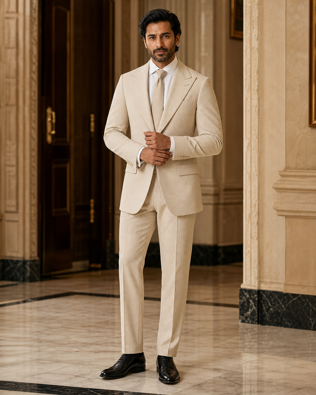 Beige Seersucker Summer Suit - Custom Made to Measure front view