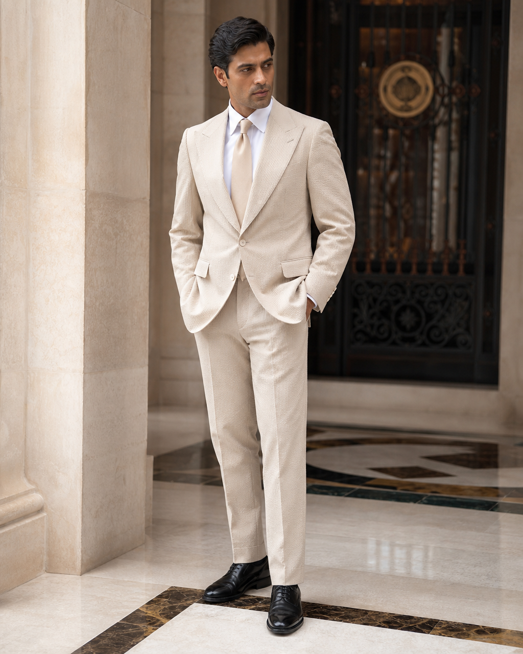 Beige Seersucker Summer Suit - Custom Made to Measure side back view