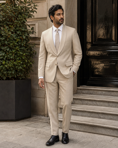 Beige Silk Blend Shawl Lapel Suit - Custom Made to Measure fabric texture close up