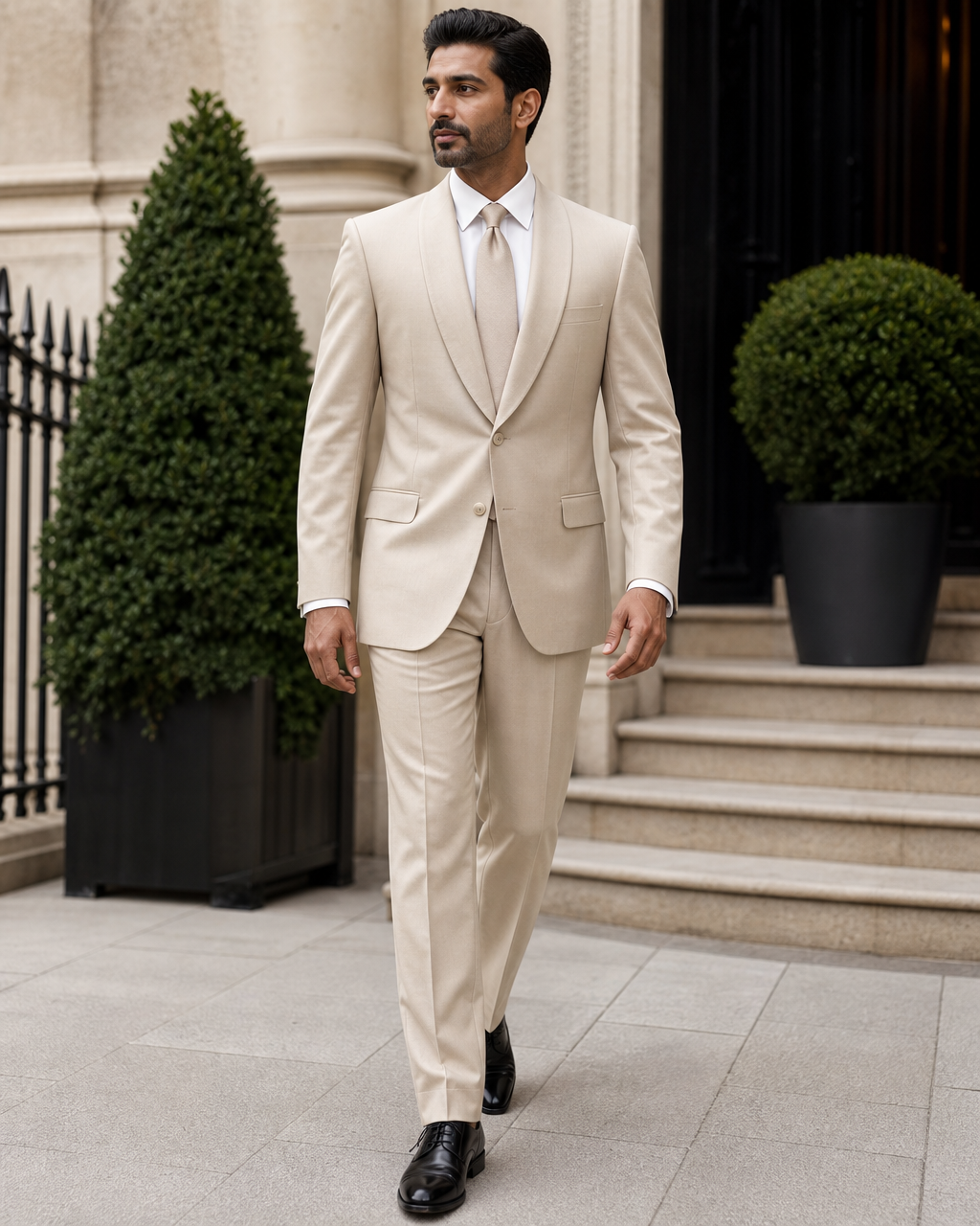 Beige Silk Blend Shawl Lapel Suit - Custom Made to Measure front view