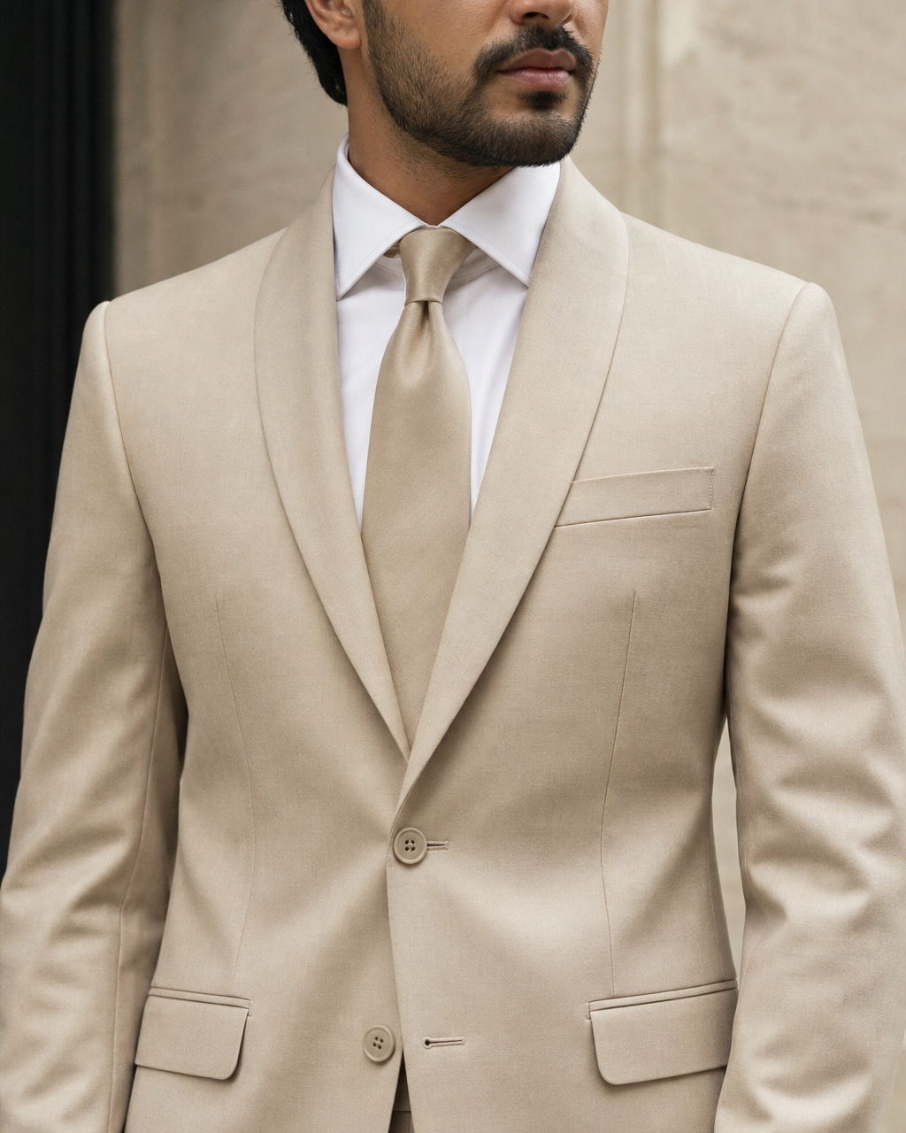 Beige Silk Blend Shawl Lapel Suit - Custom Made to Measure lapel chest close up