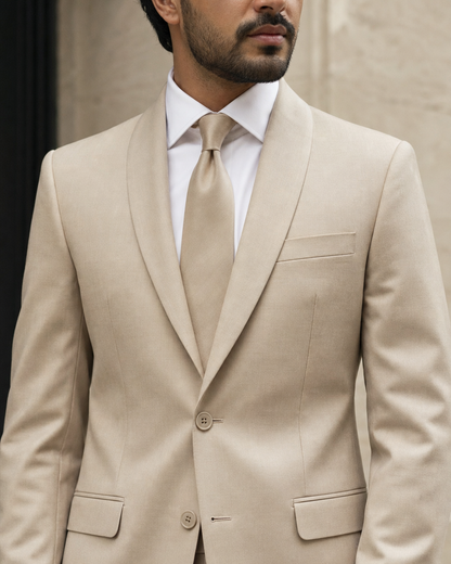 Beige Silk Blend Shawl Lapel Suit - Custom Made to Measure lapel chest close up