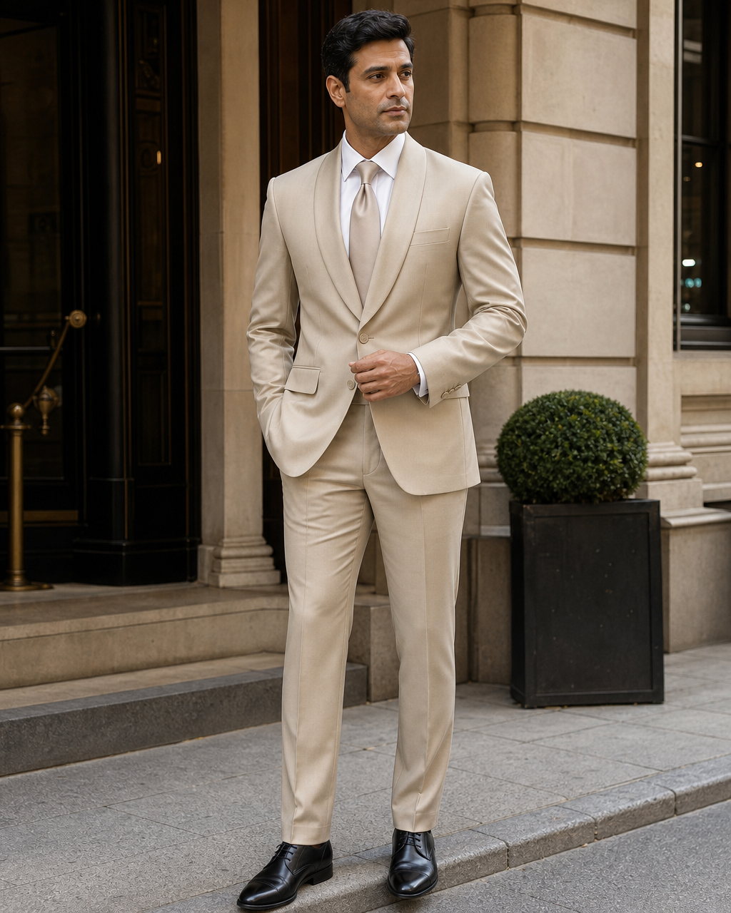 Beige Silk Blend Shawl Lapel Suit - Custom Made to Measure side three quarter view