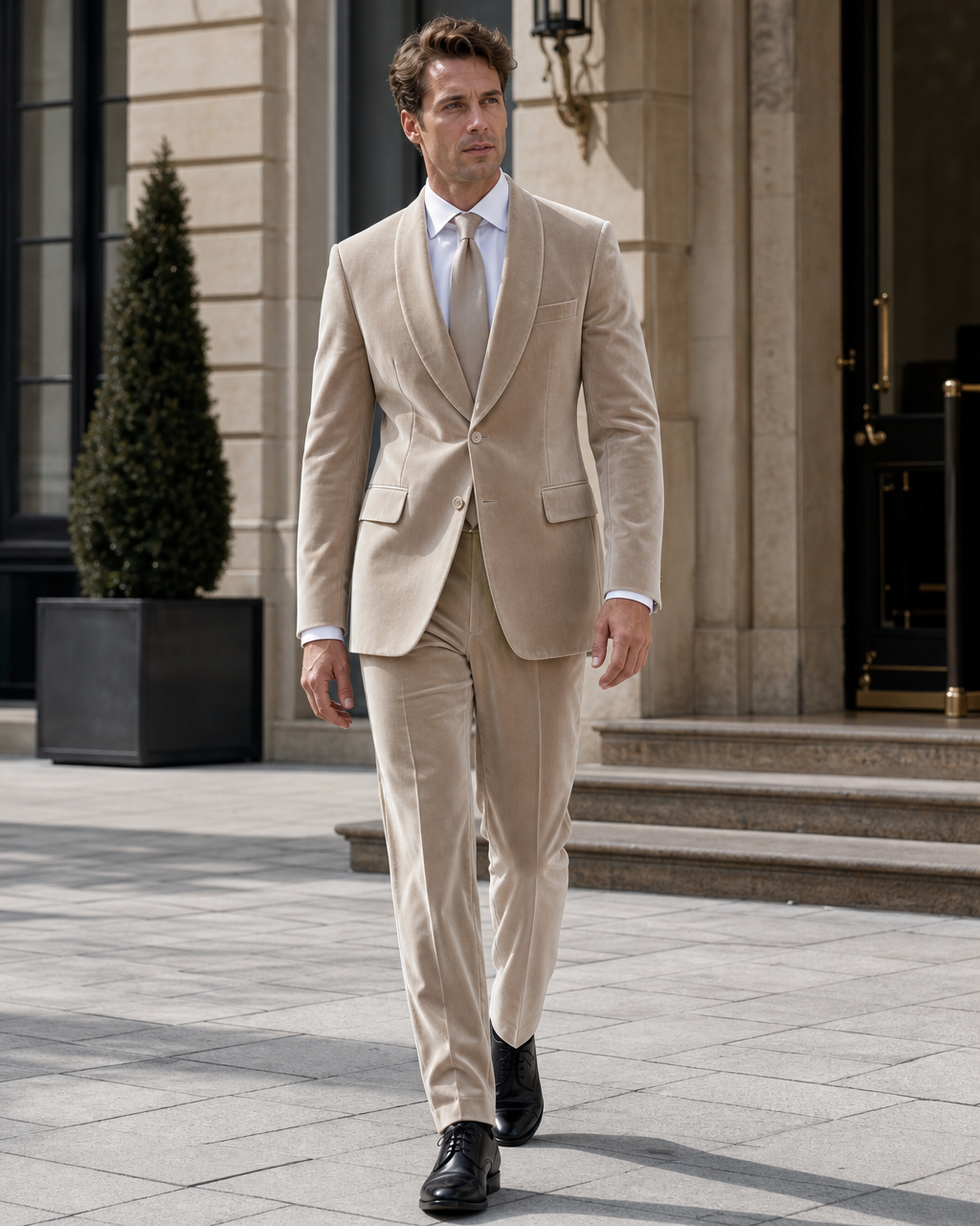 Beige Velvet Shawl Lapel Suit — Custom Made to Measure