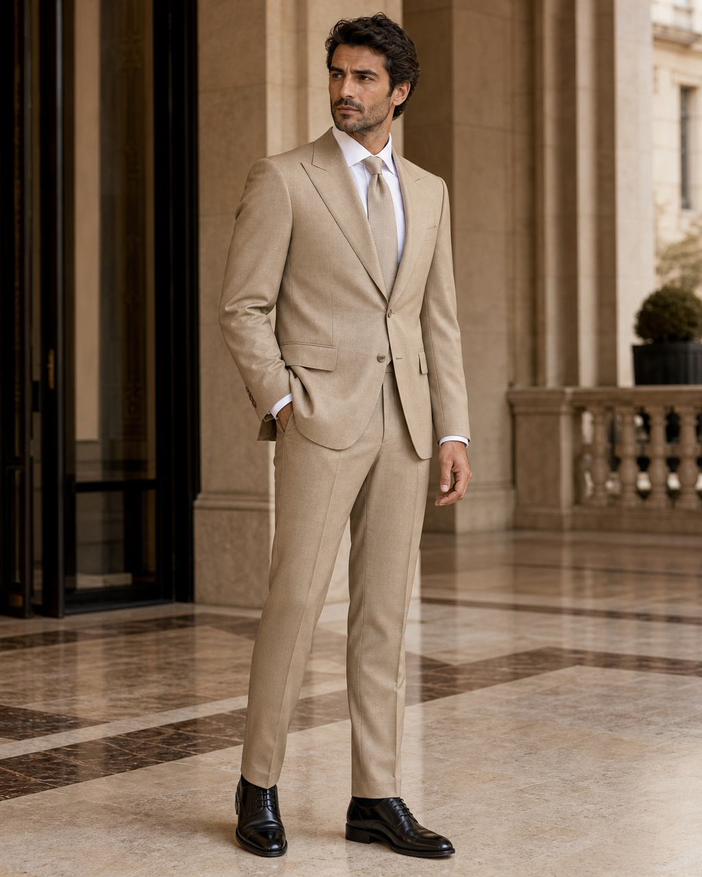 Beige Wool Outdoor Wedding Suit - Custom Made to Measure side back view