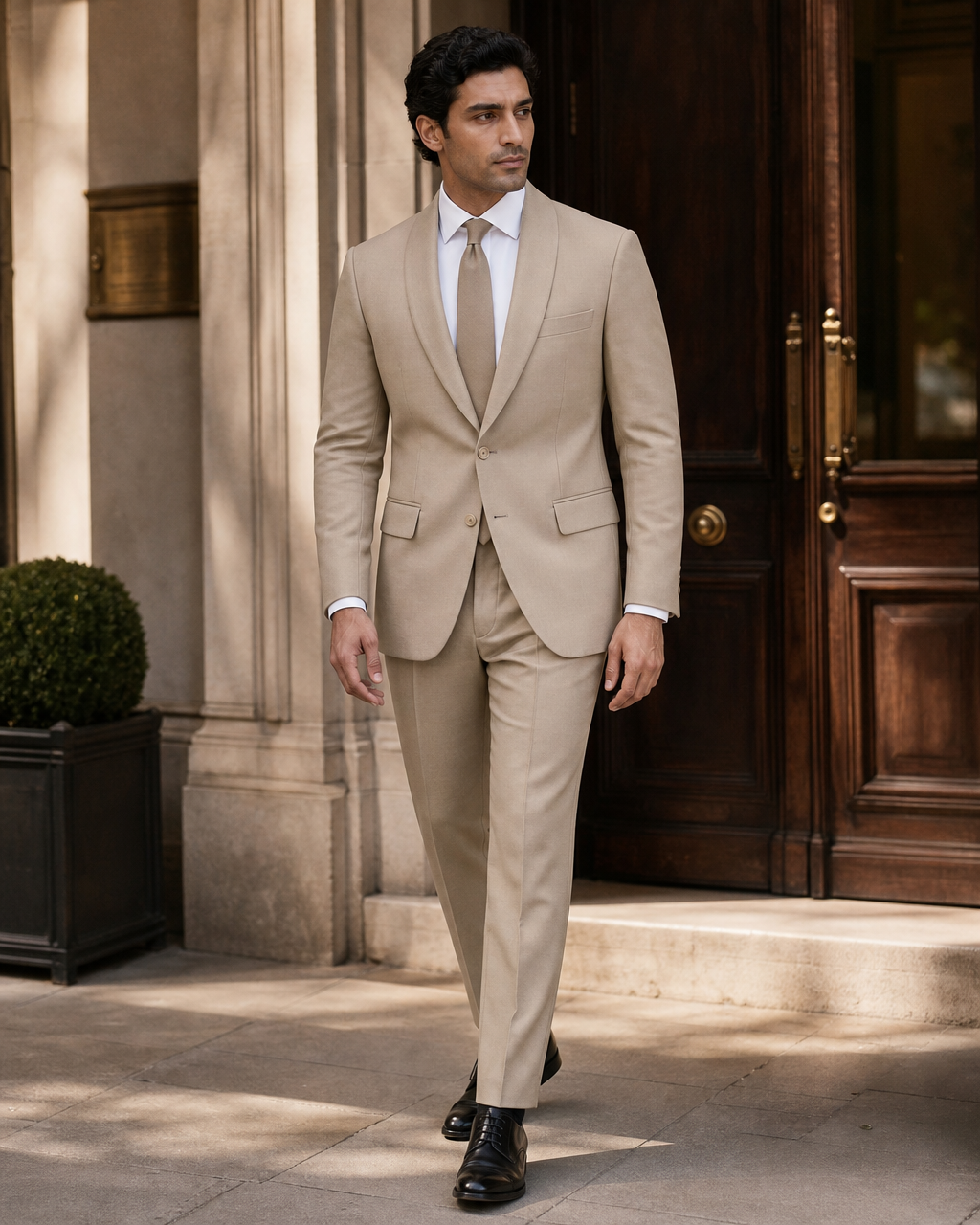 Beige Wool Shawl Lapel Suit — Custom Made to Measure