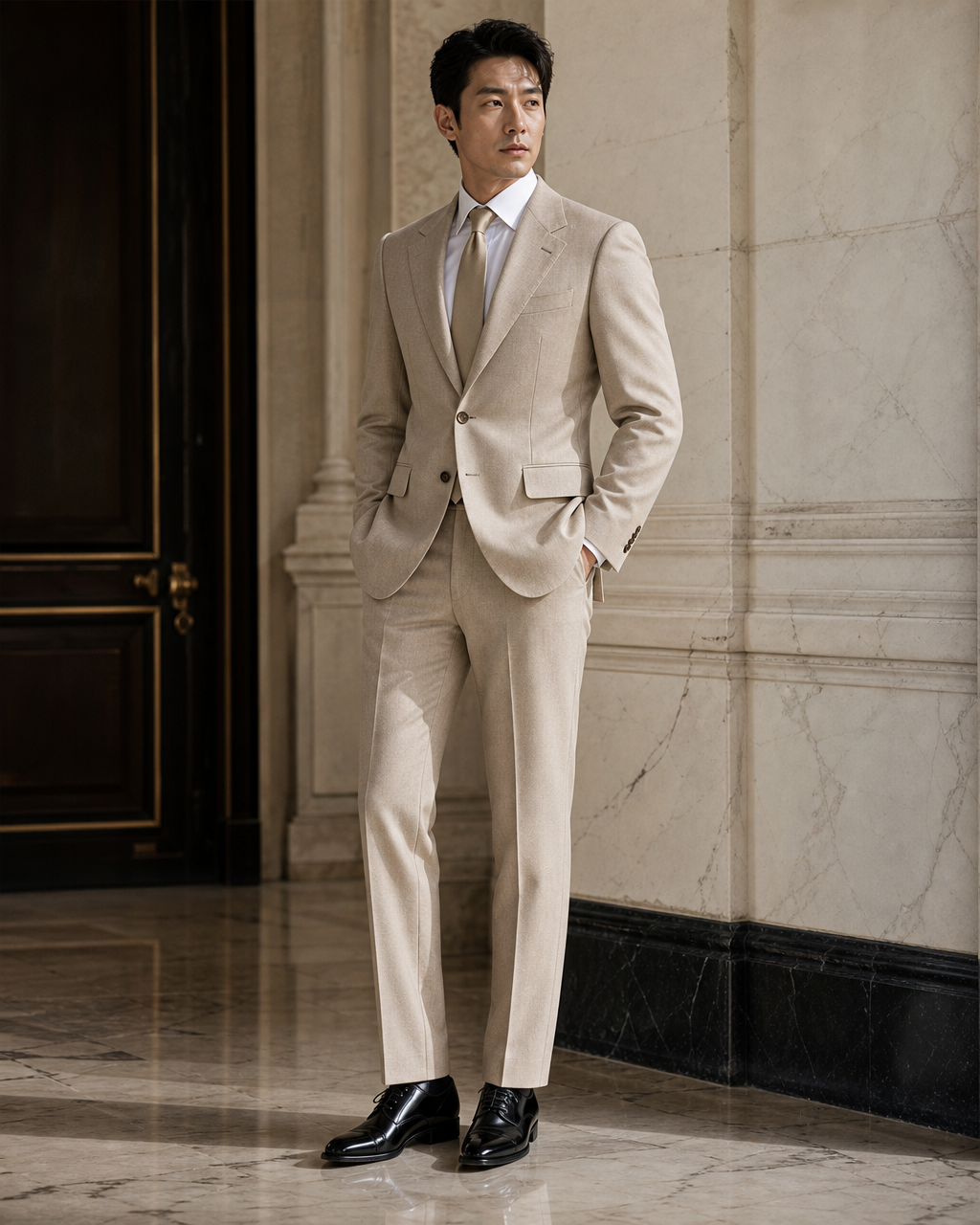 Beige Wool Winter Suit - Custom Made to Measure side back view