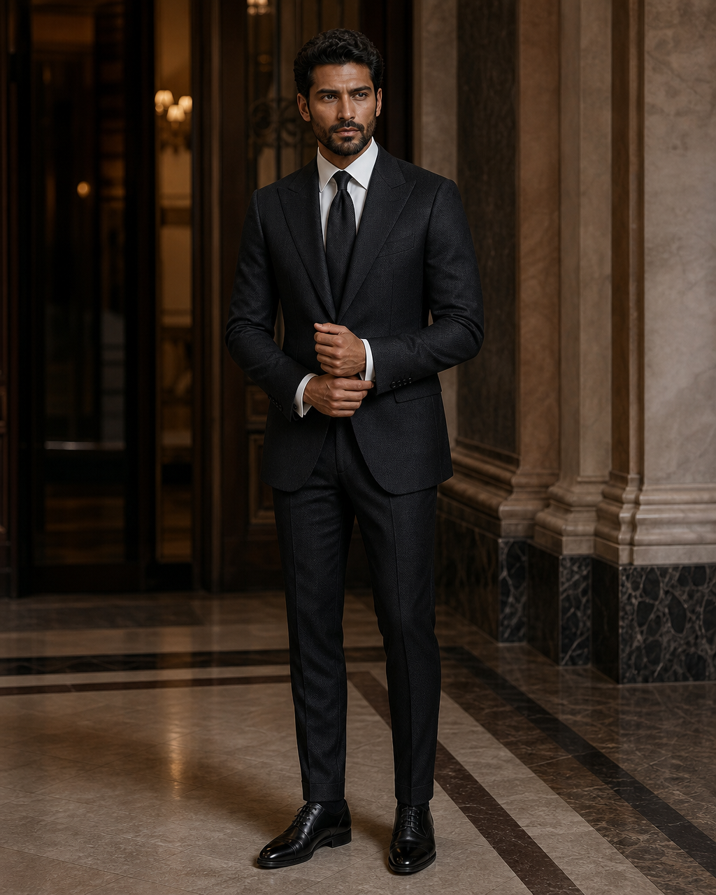 Black Herringbone Winter Suit - Custom Made to Measure front view