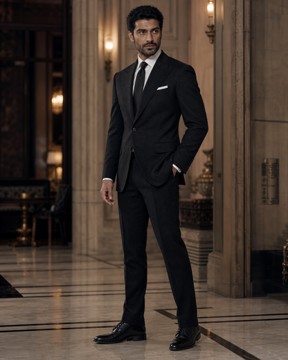 Black Herringbone Winter Suit - Custom Made to Measure side back view