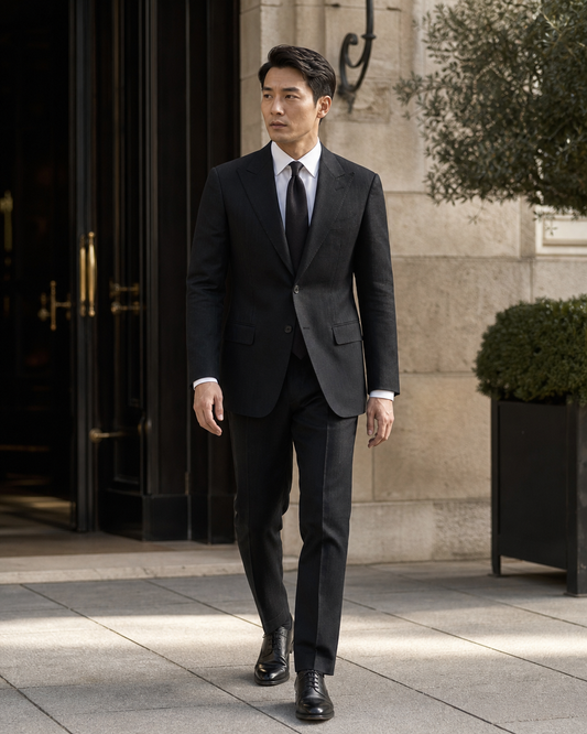 Black Linen Peak Lapel Suit - Custom Made to Measure front view