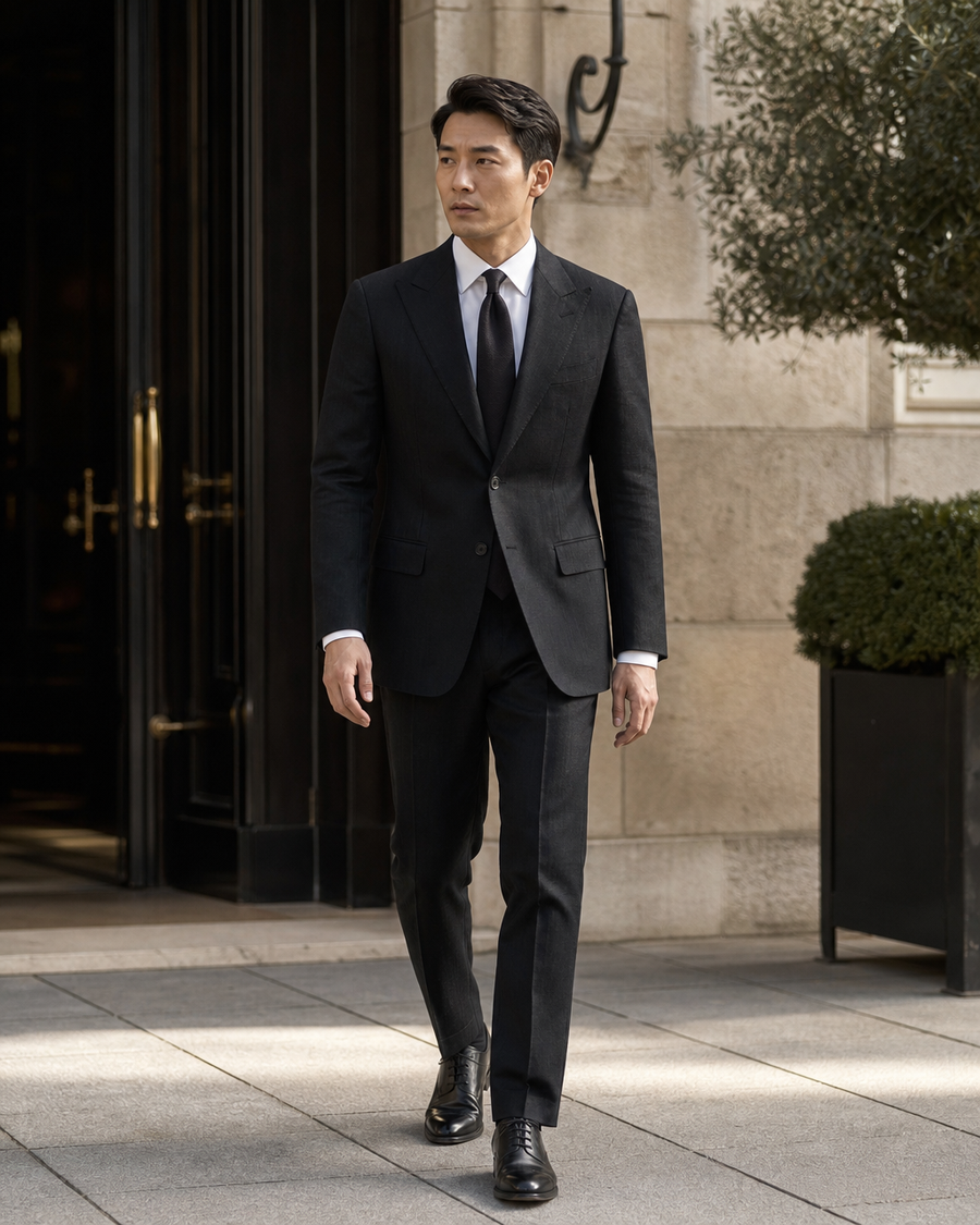 Black Linen Peak Lapel Suit — Custom Made to Measure