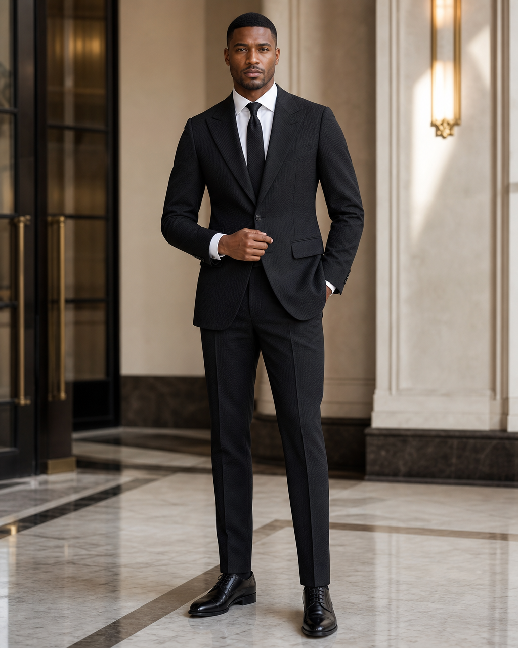 Black Seersucker Summer Suit - Custom Made to Measure front view