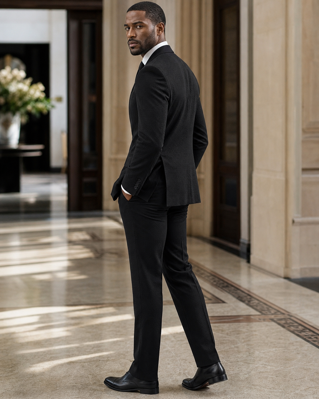 Black Seersucker Summer Suit - Custom Made to Measure side back view