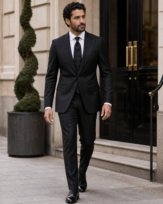 Black Silk Blend Peak Lapel Suit - Custom Made to Measure front view