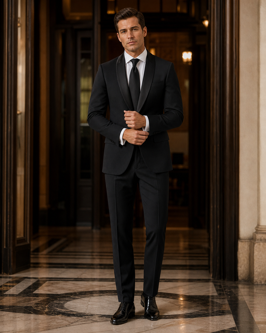 Black Silk Blend Shawl Lapel Suit - Custom Made to Measure front view