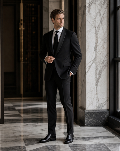 Black Silk Blend Shawl Lapel Suit - Custom Made to Measure side back view