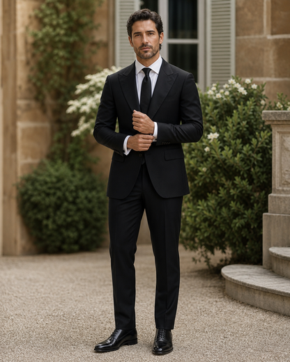 Black Wool Outdoor Wedding Suit — Custom Made to Measure front view