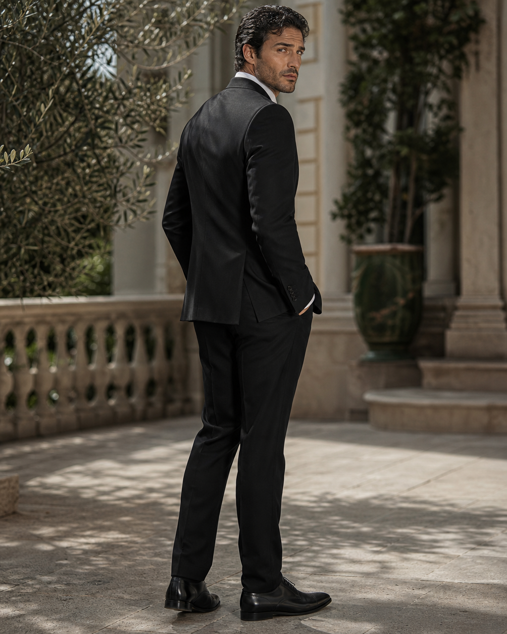 Black Wool Outdoor Wedding Suit — Custom Made to Measure side back view