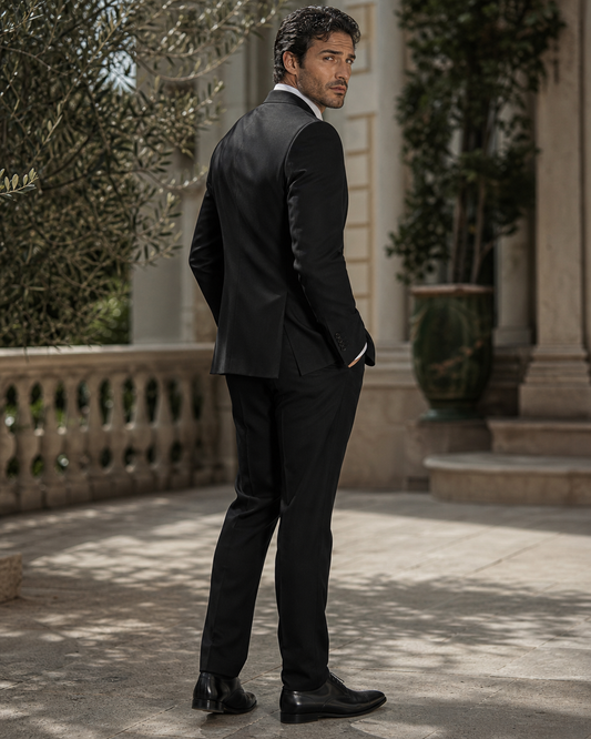 Black Wool Outdoor Wedding Suit — Custom Made to Measure side back view