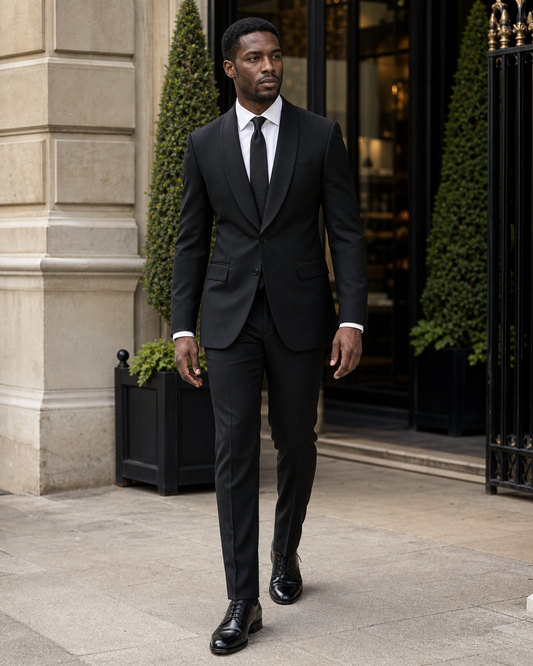 Black Wool Shawl Lapel Suit - Custom Made to Measure front view