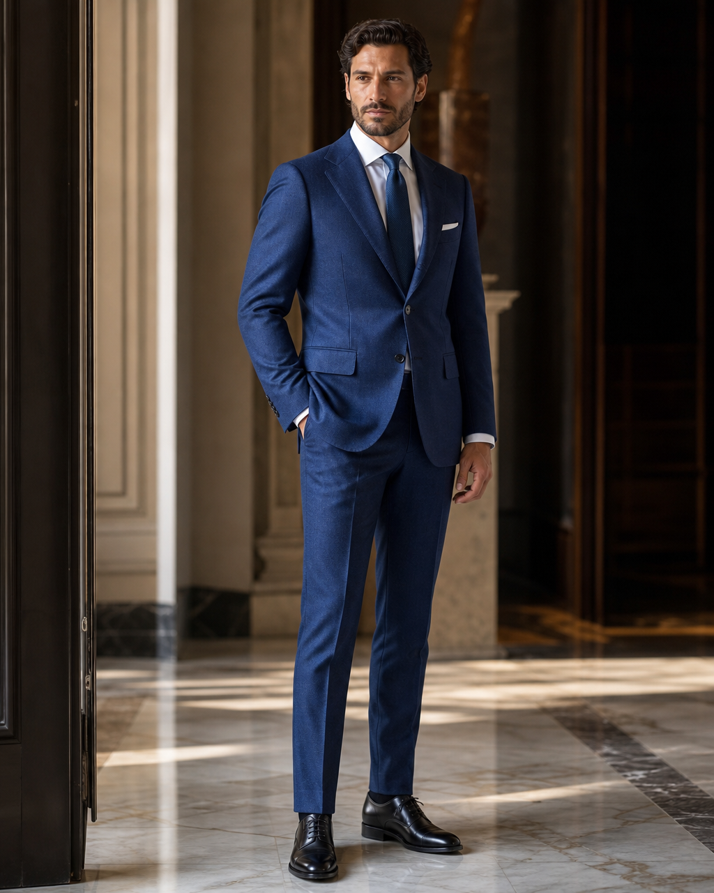 Blue Cashmere Blend Winter Suit - Custom Made to Measure side back view