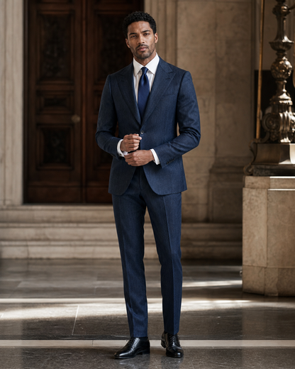 Blue Herringbone Winter Suit - Custom Made to Measure front view