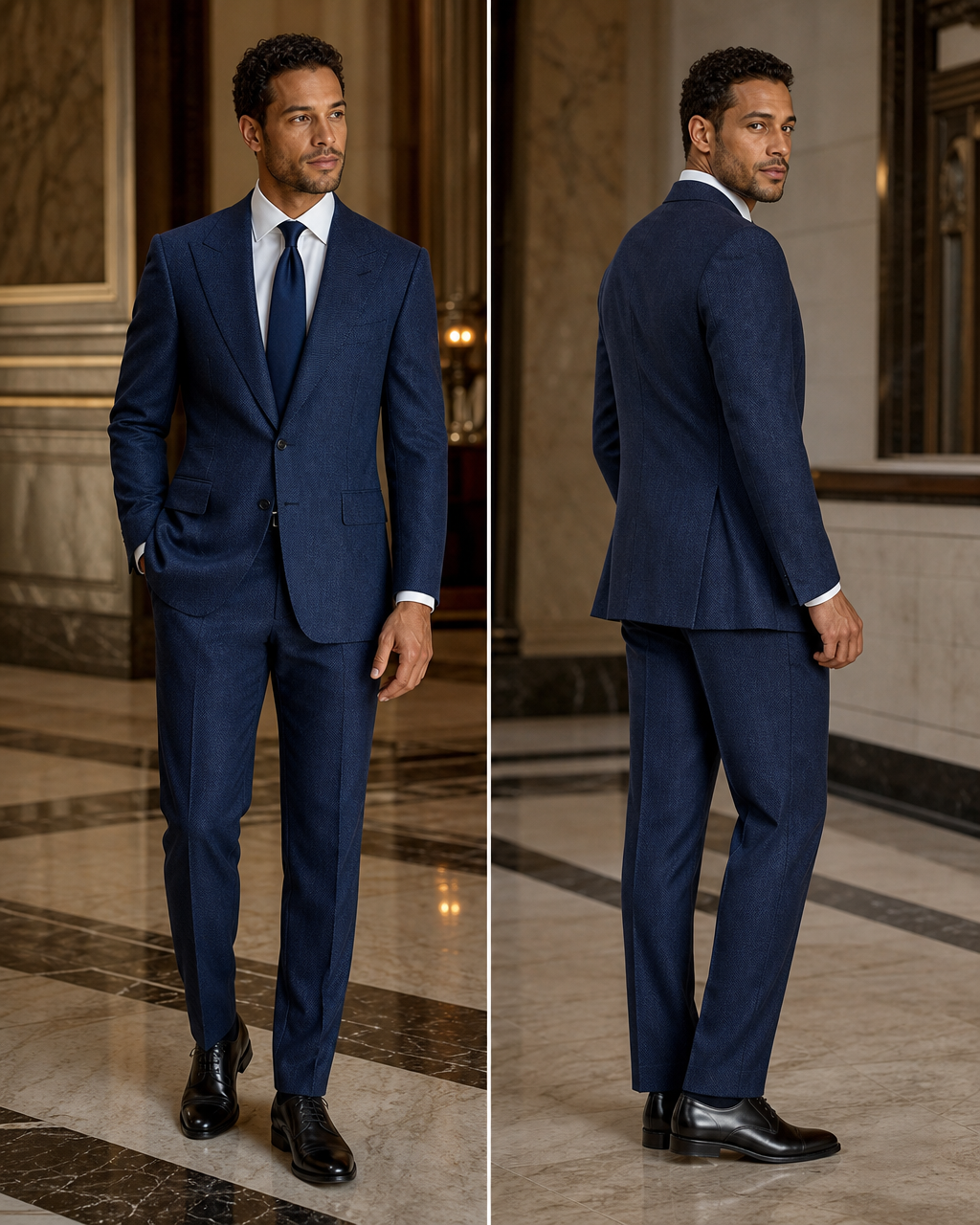 Blue Herringbone Winter Suit - Custom Made to Measure side back view