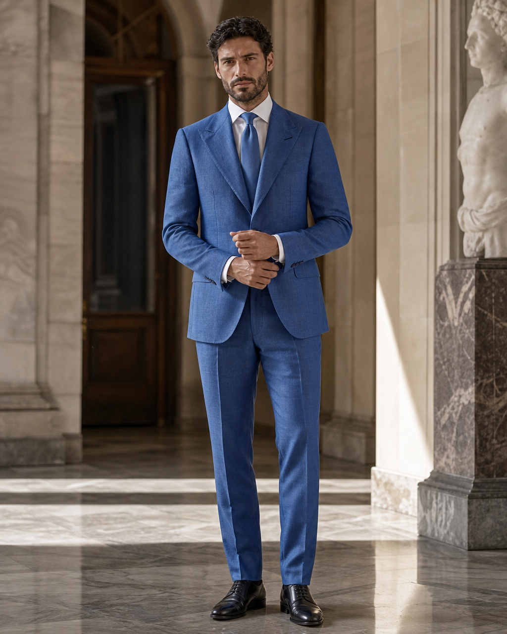 Blue Linen Beach Wedding Suit - Custom Made to Measure front view