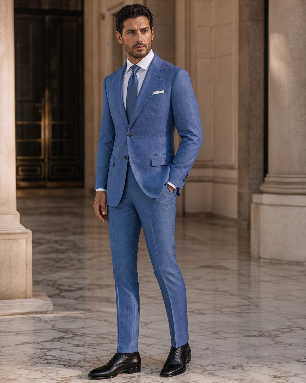 Blue Linen Beach Wedding Suit - Custom Made to Measure side back view