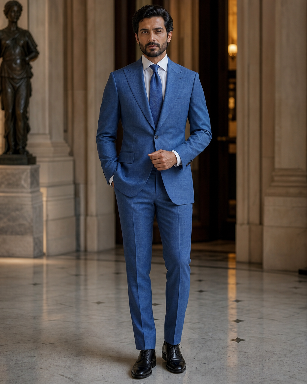 Blue Linen Outdoor Wedding Suit - Custom Made to Measure front view