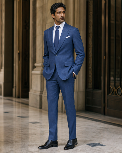 Blue Linen Outdoor Wedding Suit - Custom Made to Measure side back view
