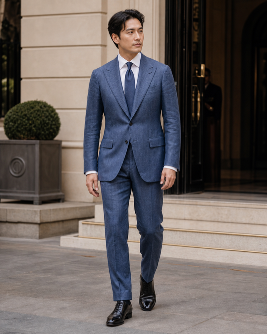 Blue Linen Peak Lapel Suit - Custom Made to Measure front view