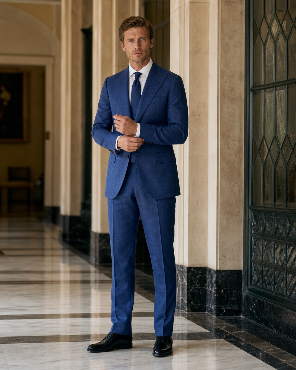 Blue Linen Summer Suit - Custom Made to Measure front view