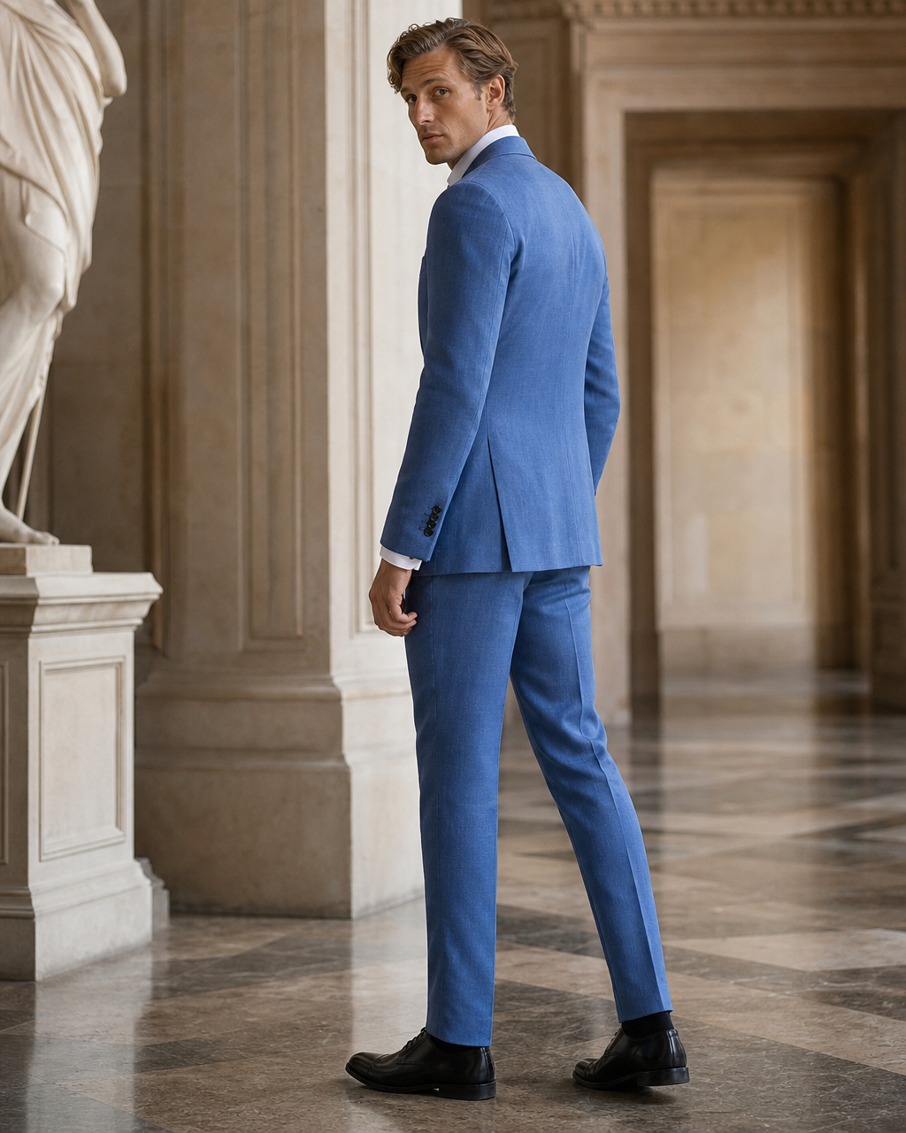 Blue Linen Summer Suit - Custom Made to Measure side back view