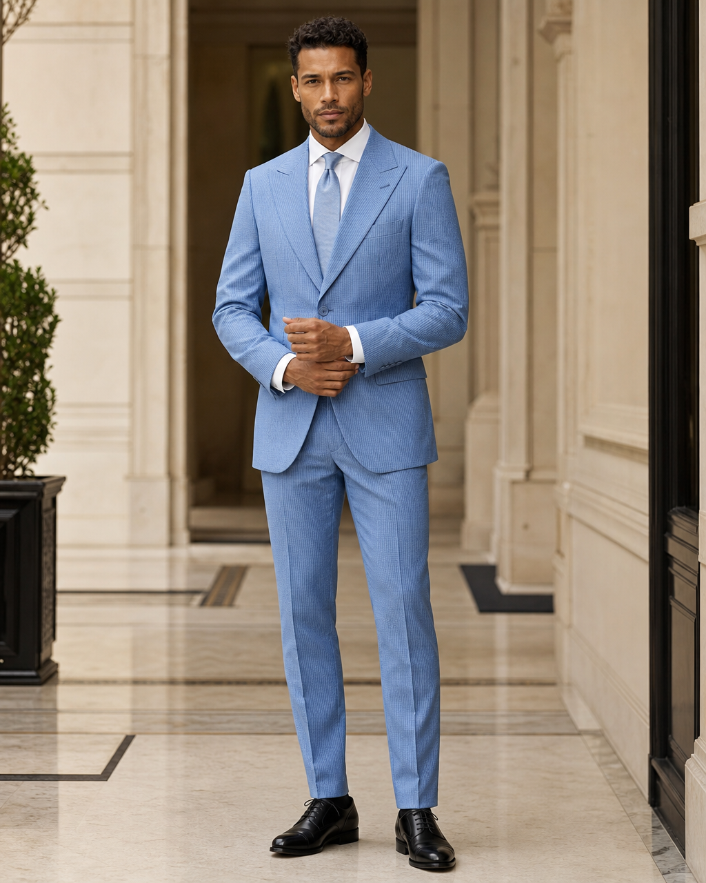 Blue Seersucker Beach Wedding Suit - Custom Made to Measure front view