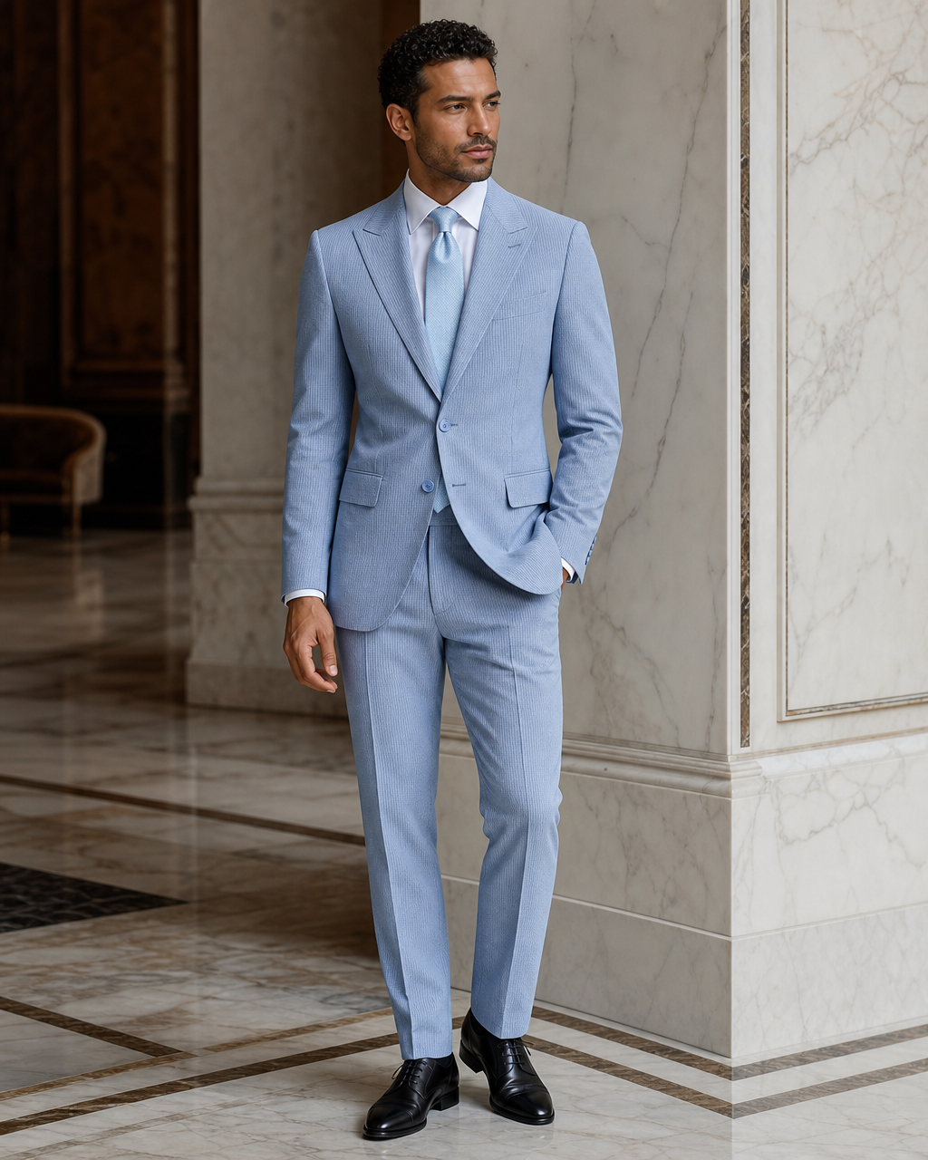 Blue Seersucker Beach Wedding Suit - Custom Made to Measure side back view