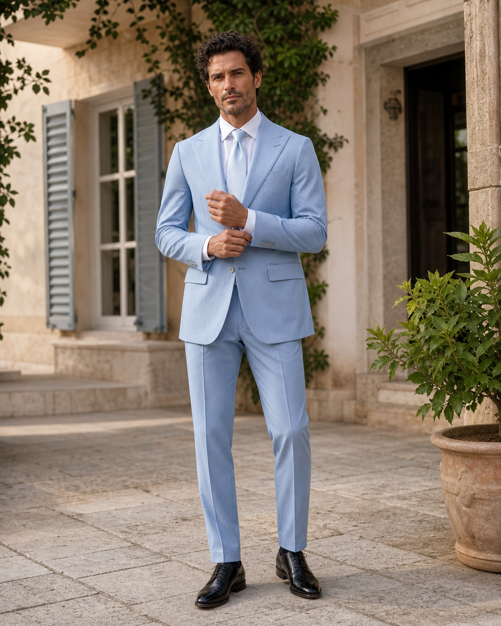 Blue Seersucker Outdoor Wedding Suit — Custom Made to Measure front view
