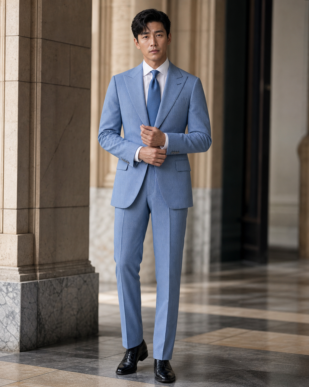 Blue Seersucker Summer Suit - Custom Made to Measure front view