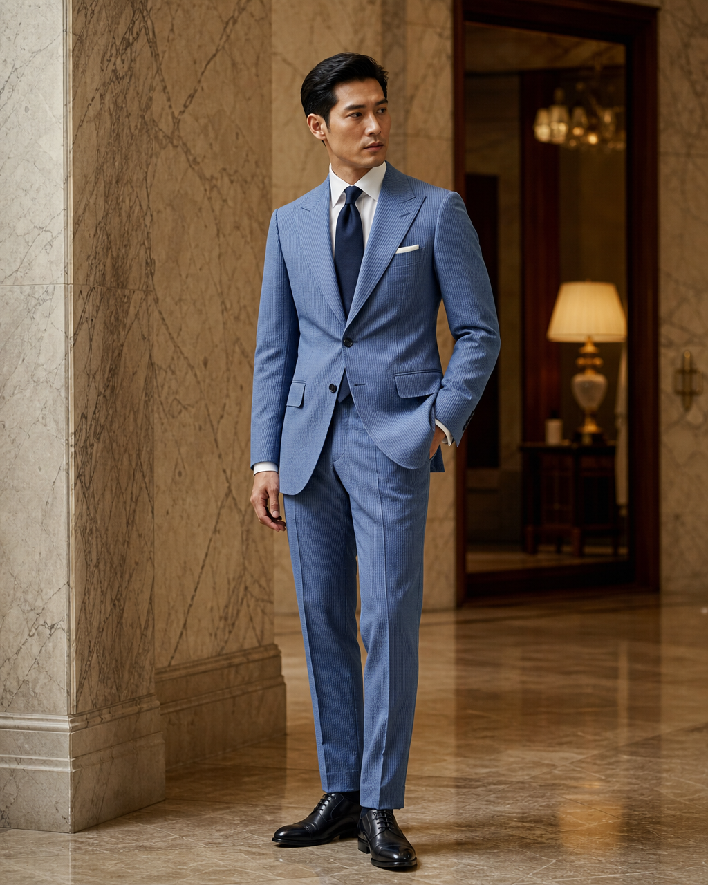 Blue Seersucker Summer Suit - Custom Made to Measure side back view