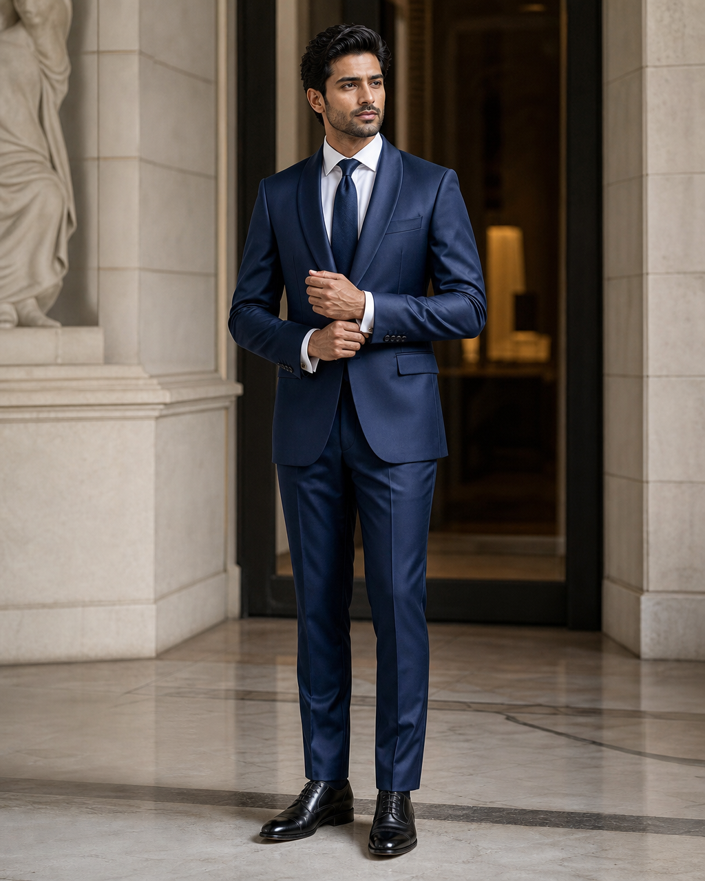 Blue Silk Blend Shawl Lapel Suit - Custom Made to Measure front view