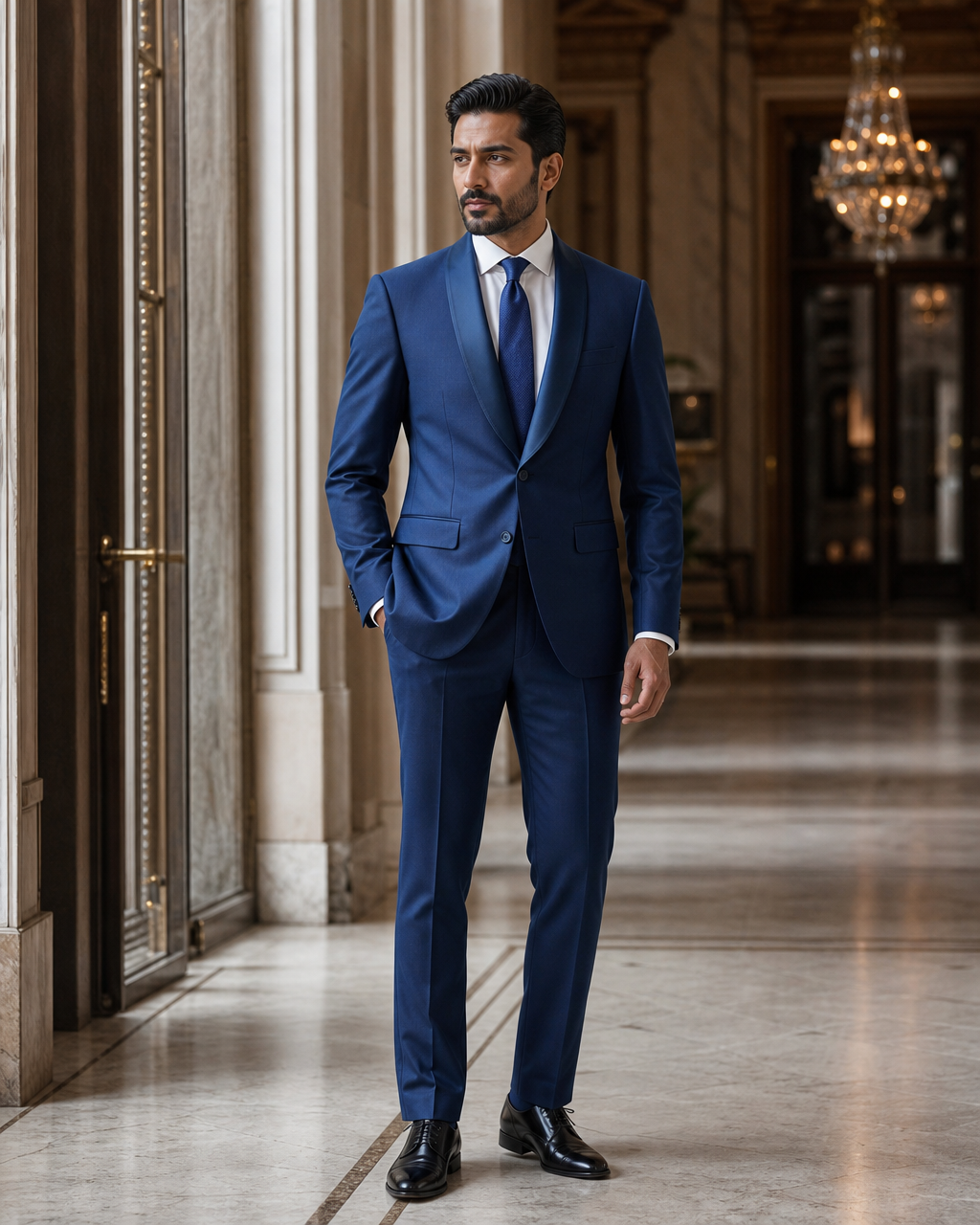Blue Silk Blend Shawl Lapel Suit - Custom Made to Measure side back view