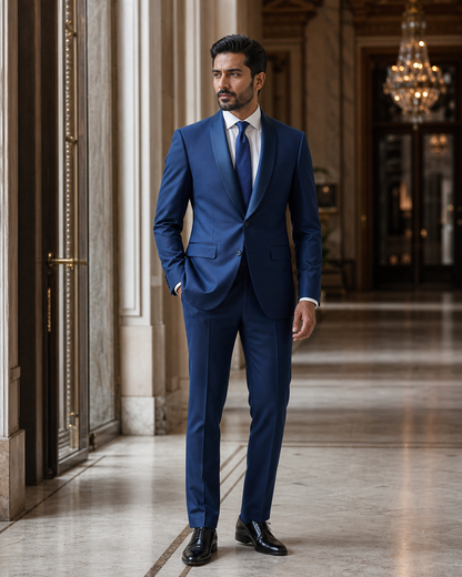 Blue Silk Blend Shawl Lapel Suit - Custom Made to Measure side back view