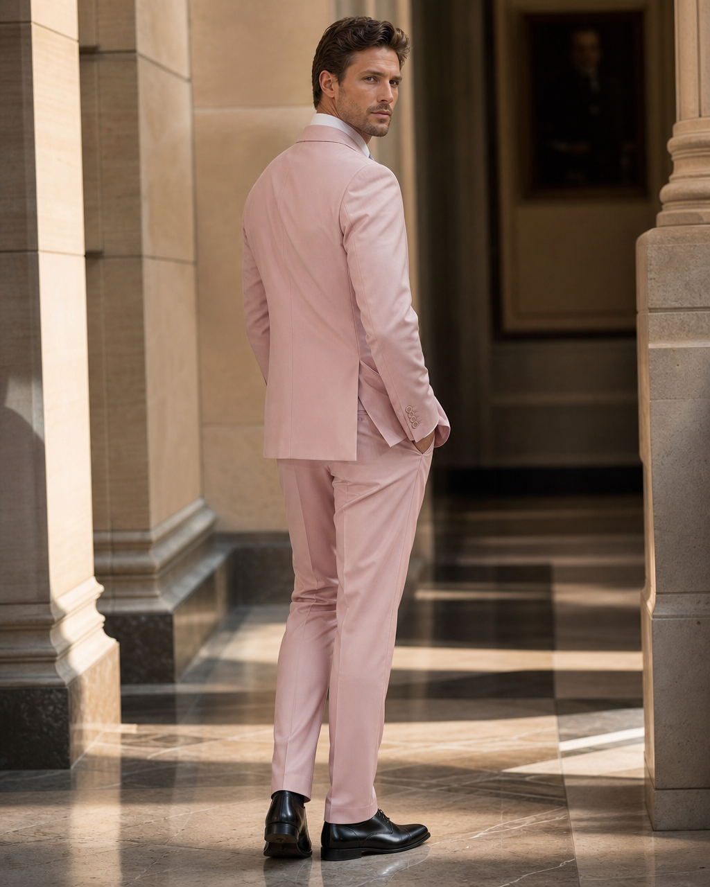 Blush Pink Cotton Outdoor Wedding Suit - Custom Made to Measure side back view