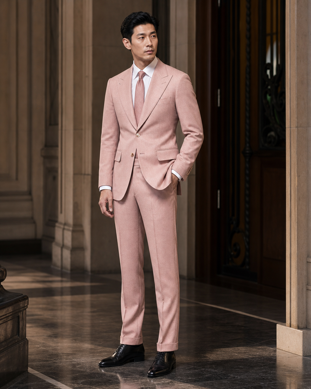 Blush Pink Flannel Winter Suit - Custom Made to Measure side back view
