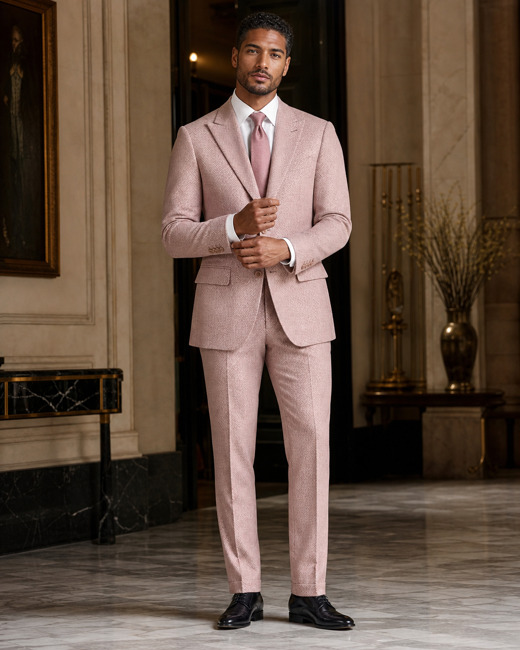 Blush Pink Herringbone Winter Suit - Custom Made to Measure front view