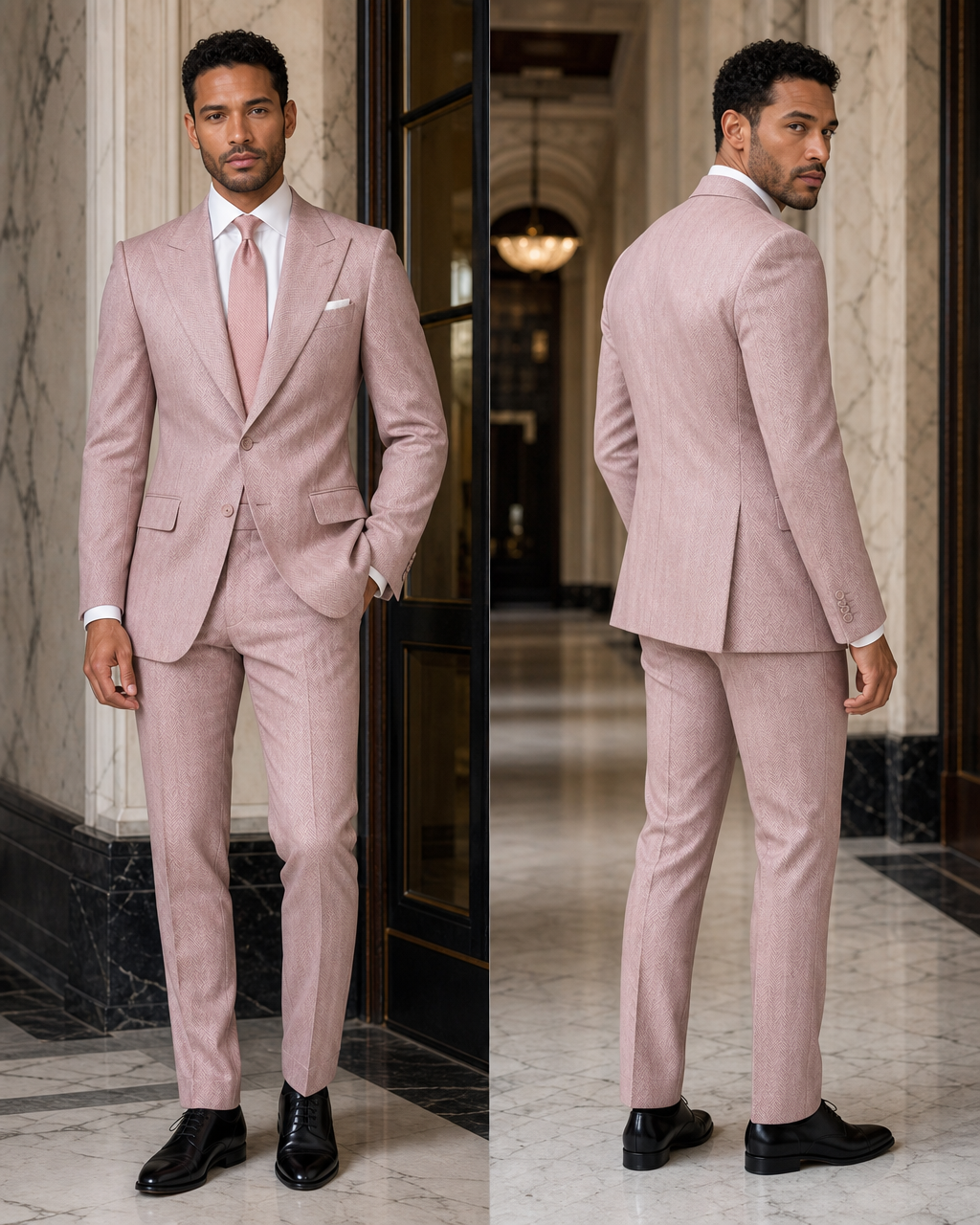 Blush Pink Herringbone Winter Suit - Custom Made to Measure side back view