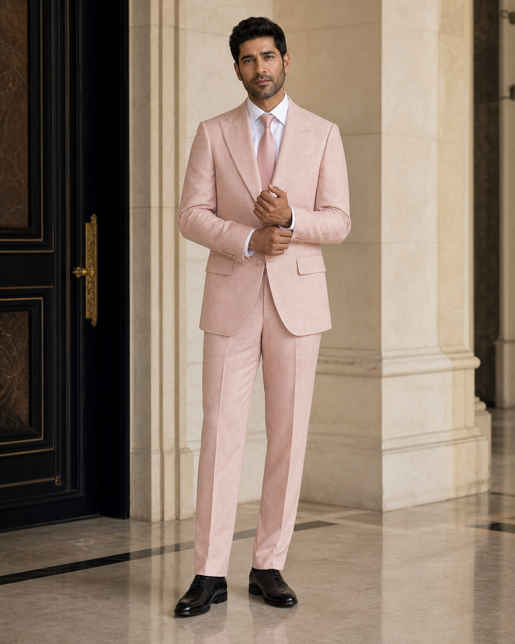 Blush Pink Linen Outdoor Wedding Suit - Custom Made to Measure front view