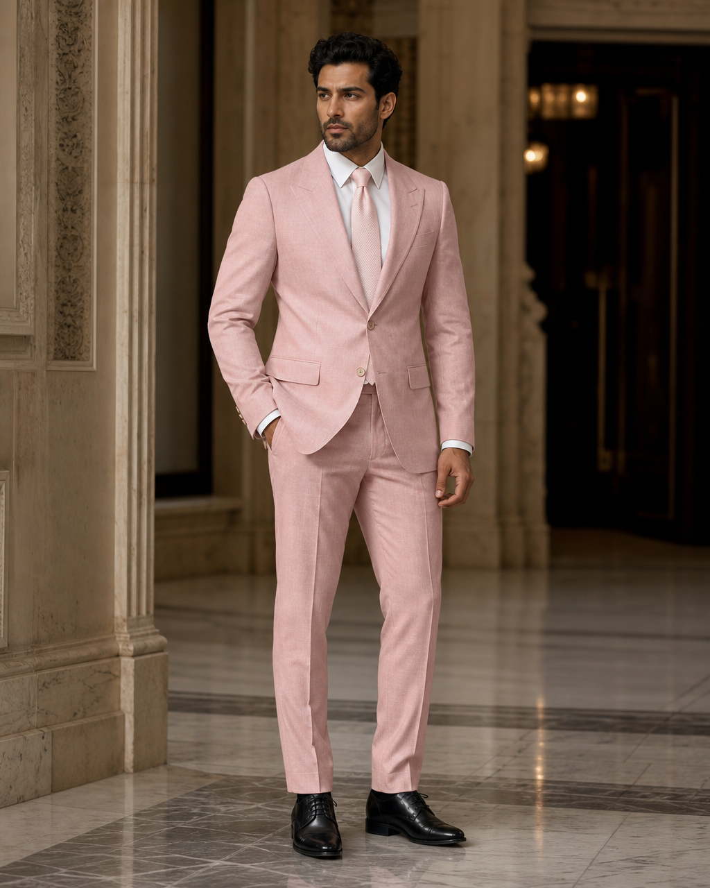 Blush Pink Linen Outdoor Wedding Suit - Custom Made to Measure side back view